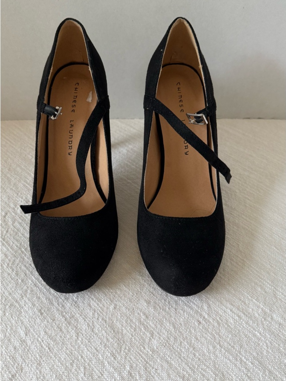 Chinese Laundry Black Suede Mary Jane Heels with Cross Strap